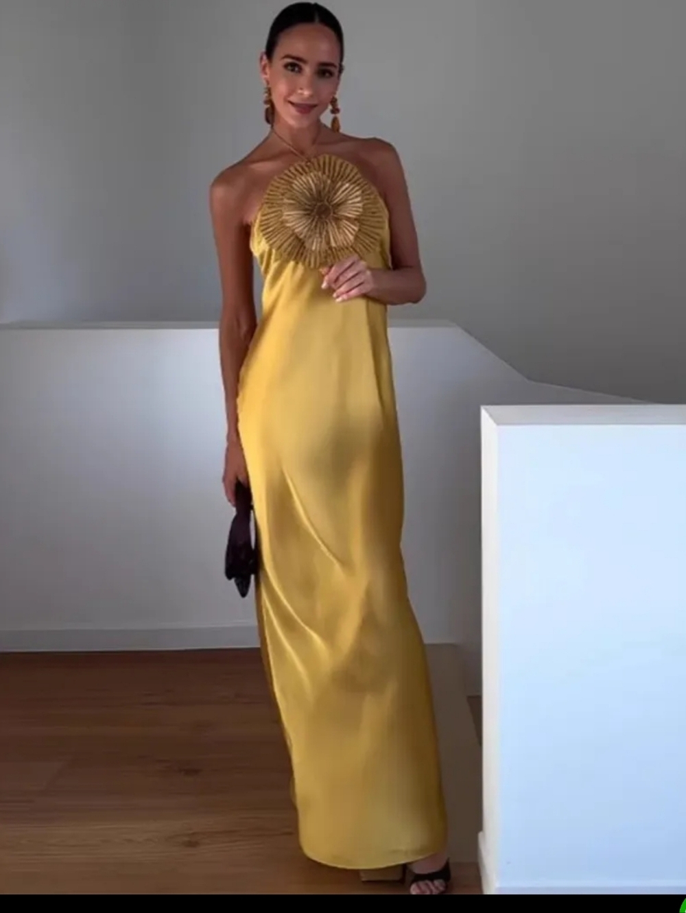 Elegant Yellow Strapless Maxi Dress with Decorative Bust